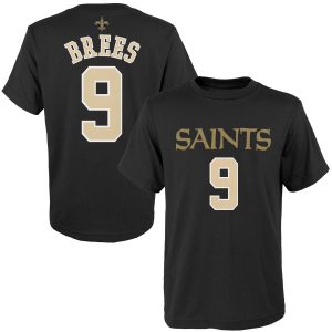 Youth New Orleans Saints Drew Brees Black Mainliner Name & Number T-Shirt